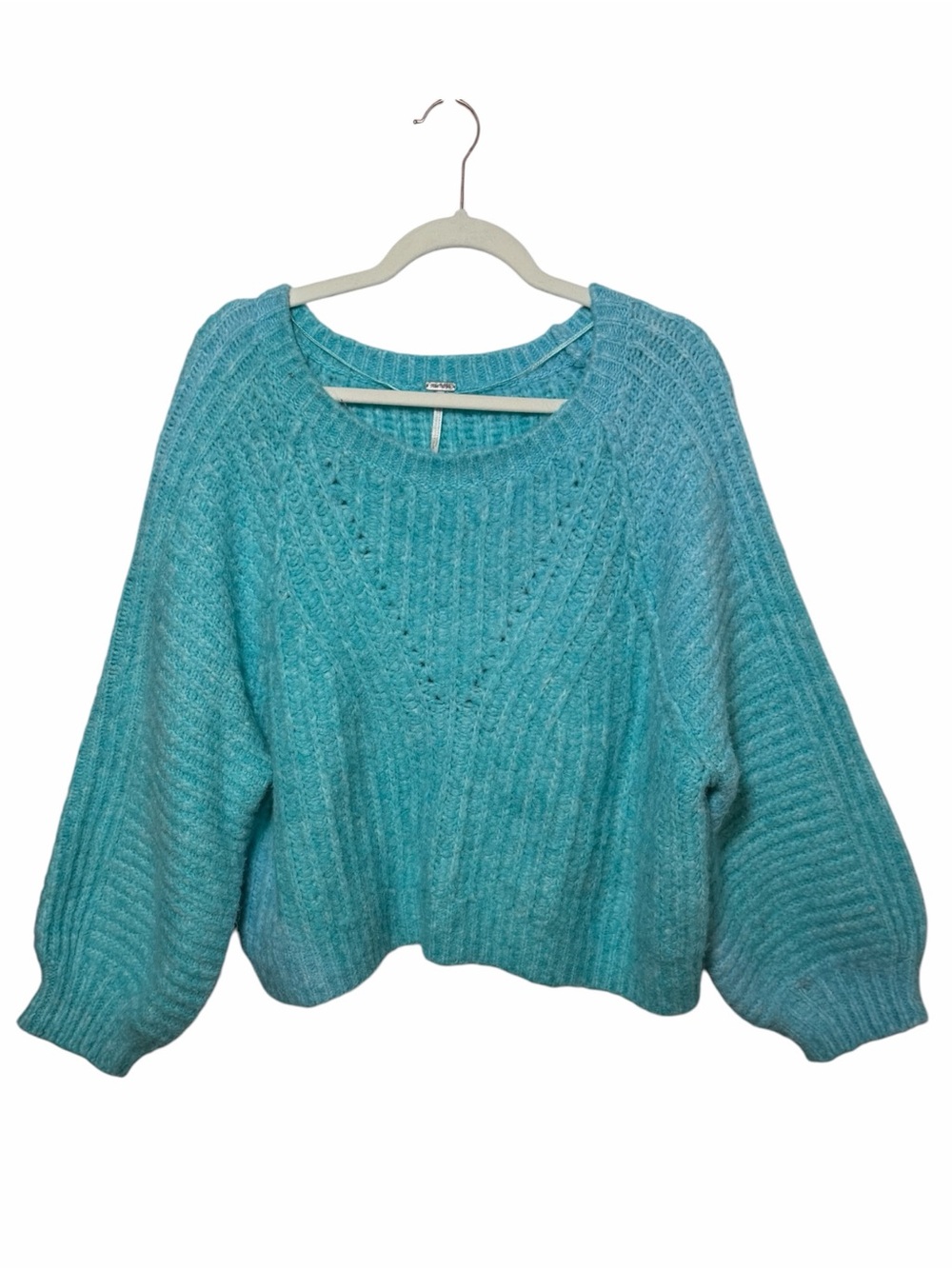 Free People Womens Aqua Balloon Slv Cropped Boxy Knit Sweater Furry Boho Size L